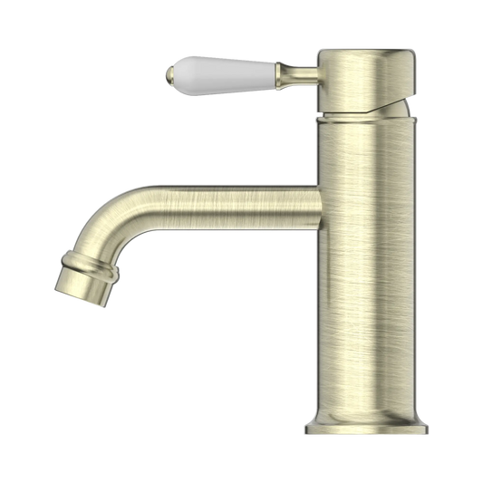 York Straight Basin Mixer With White Porcelain Lever Aged Brass