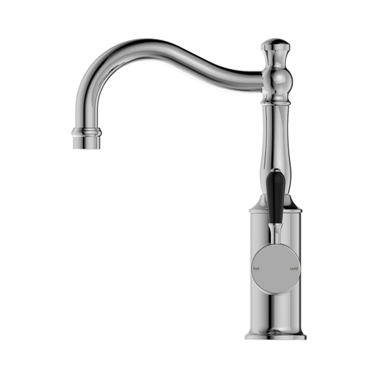York Basin Mixer Hook Spout With Black Porcelain Lever Chrome