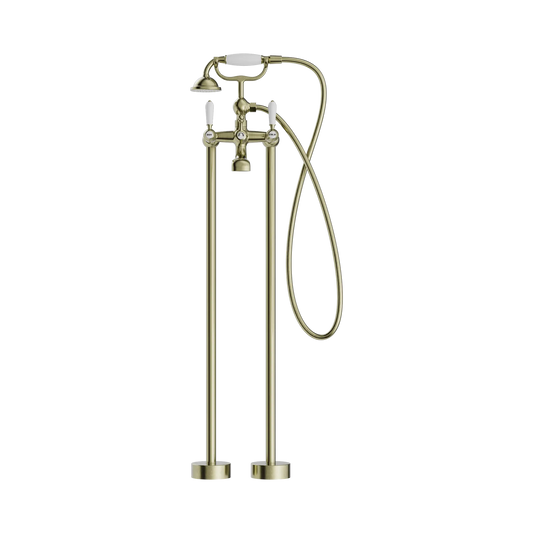 York Freestanding Bath Set With White Porcelain Hand Shower Aged Brass