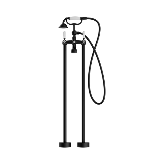 York Freestanding Bath Set With White Porcelain Hand Shower Matte Black