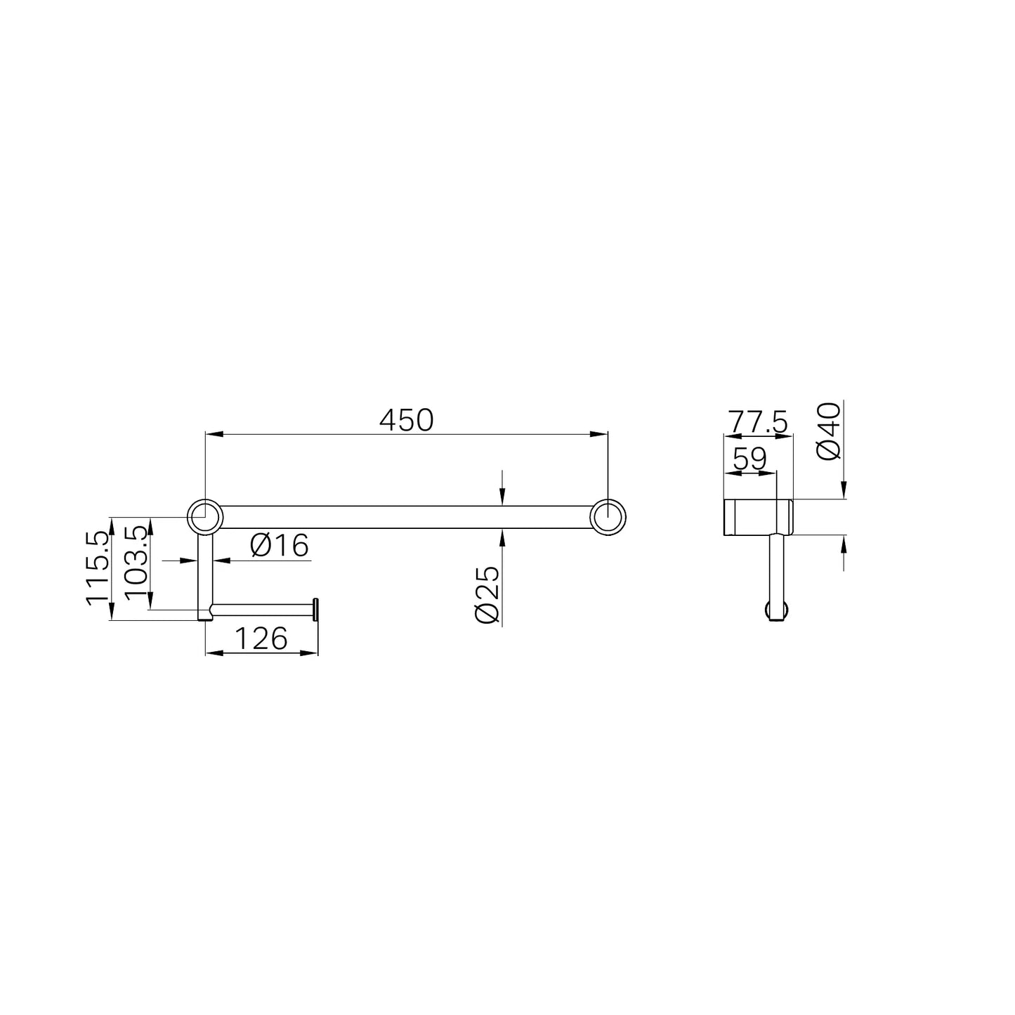 Mecca Care 25mm Toilet Roll Rail 450mm Brushed Bronze