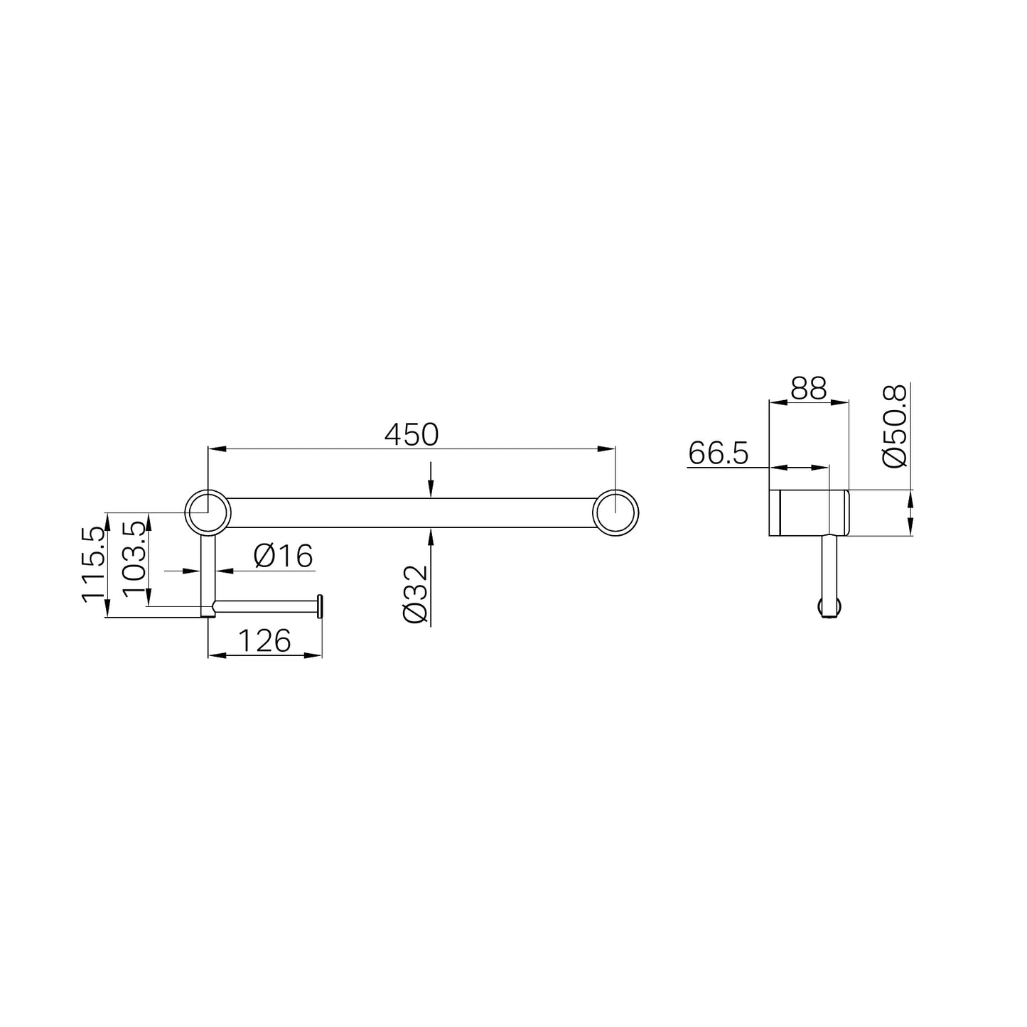 Mecca Care 32mm Grab Rail With Toilet Roll Holder 450mm Matte Black