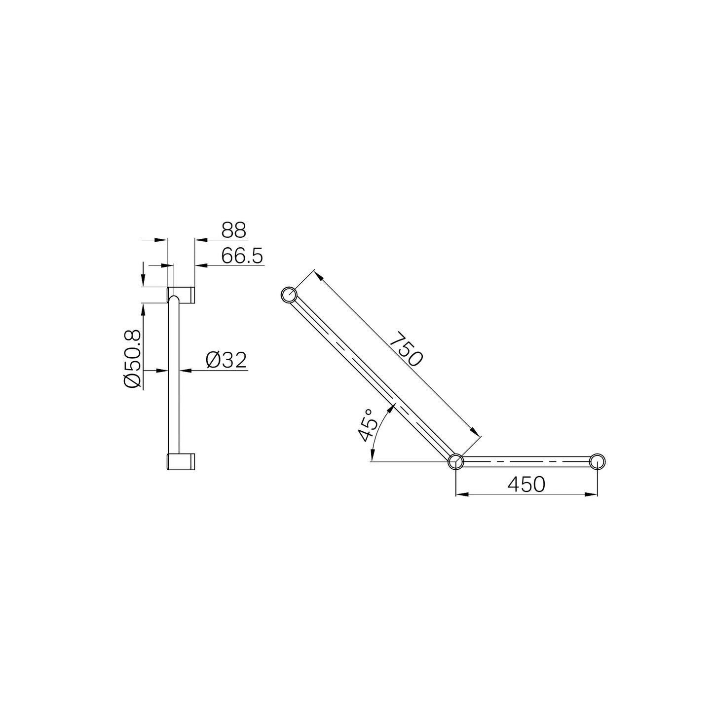 Mecca Care 32mm Ambulant Toilet Grab Rail 45 Degree 750X450mm Brushed Gold