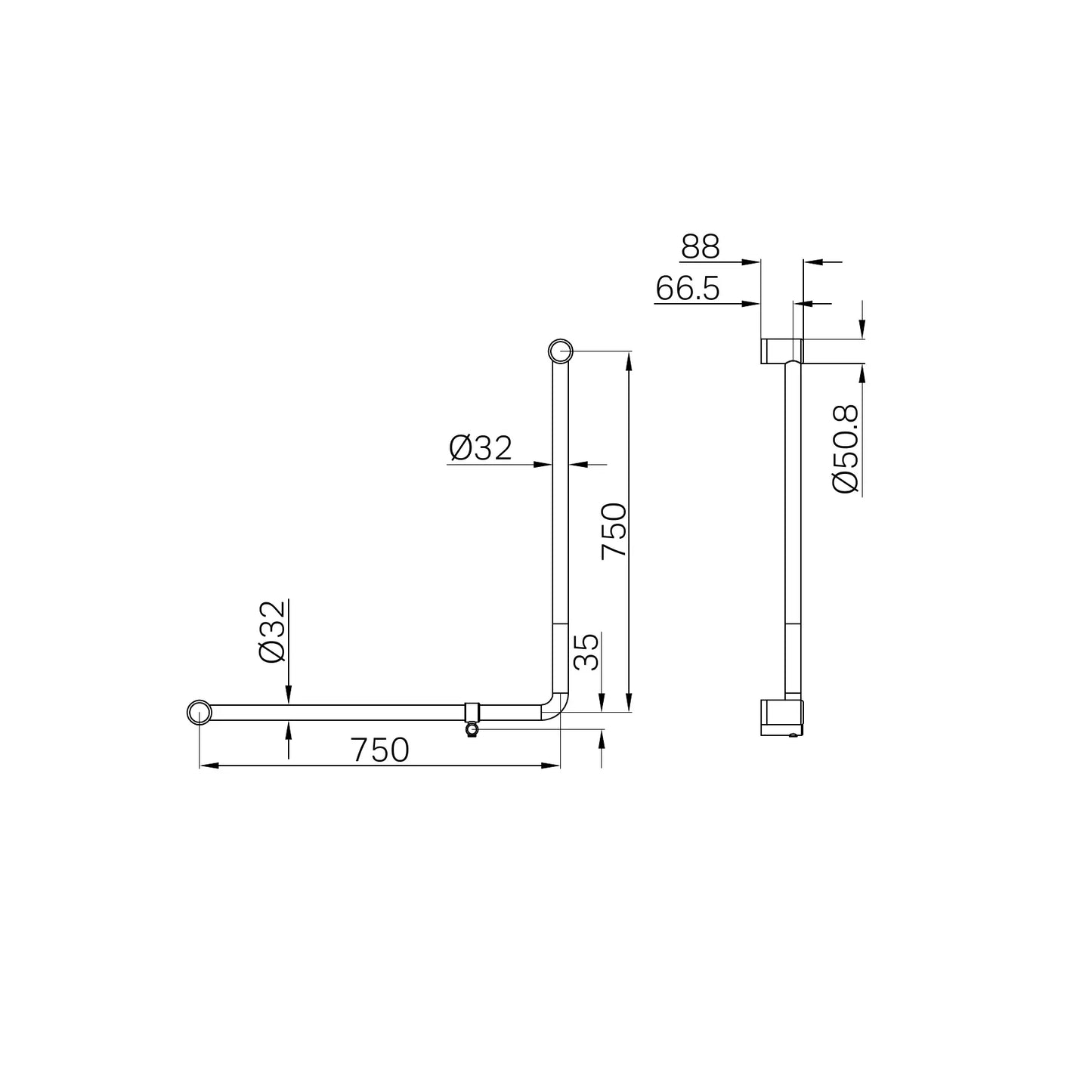 Mecca Care 32mm 90 Degree NZ4121 Accessible Toilet Grab Rail 750X750mm Brushed Gold