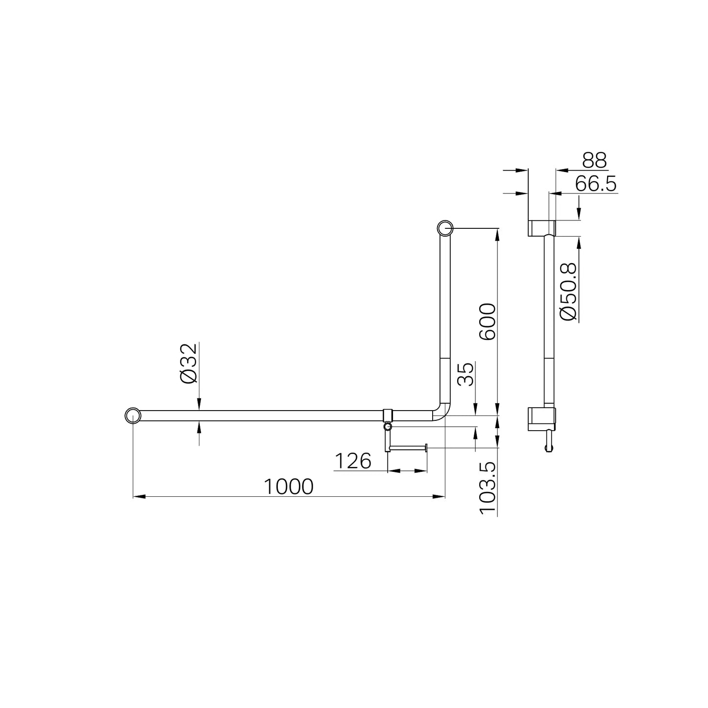 Mecca Care 32mm DDA Accessible Toilet 90 Degree Bent Tube Grab Rail 600X1000mm With Toilet Roll Holder Brushed Nickel