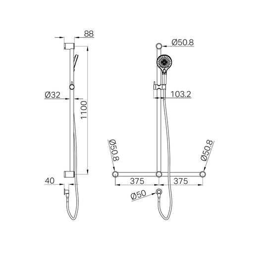 Mecca Care 32mm T Bar Grab Rail And Adjustable Shower Set 1100X750mm Brushed Gold