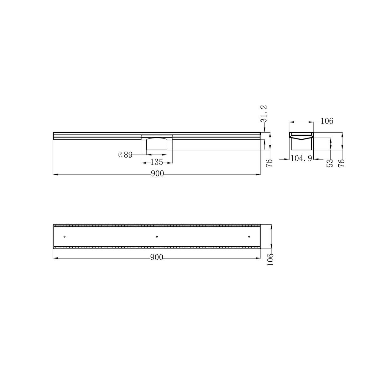 Tile Insert V Channel Floor Grate 89Mm Outlet Without Outlet And Hole Saw Matte Black