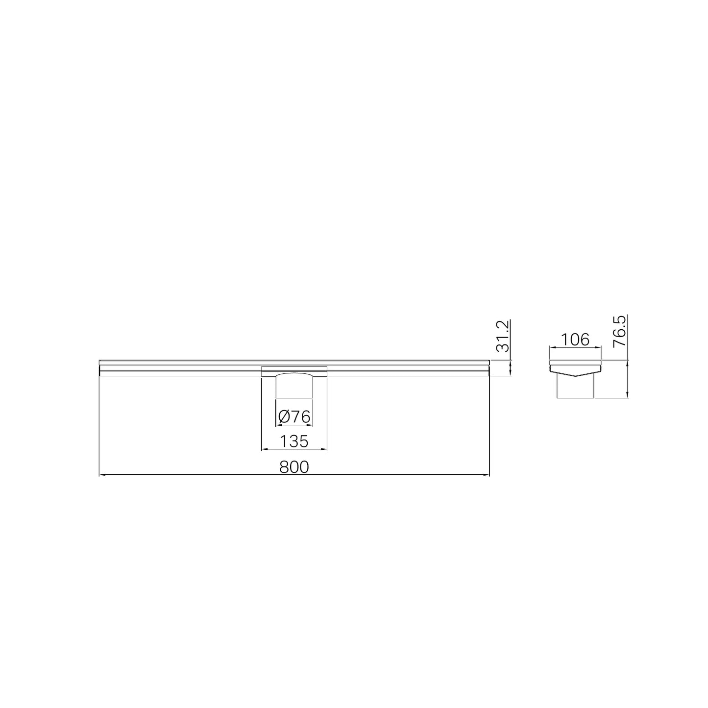 Tile Insert V Channel 800x106mm Floor Grate 80mm Outlet Brushed Nickel