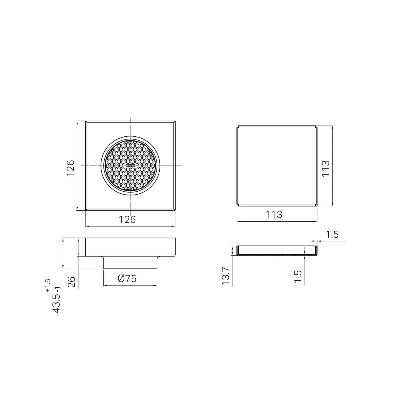 130mm Square Tile Insert Floor Waste 80mm Outlet Gun Metal