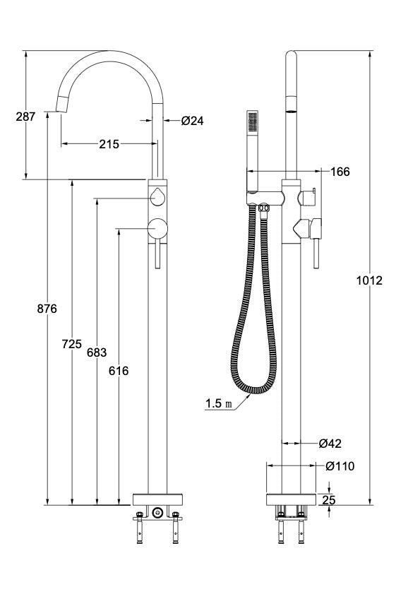 Nure Freestanding Bath Filler with Hand Shower - Brushed Nickel