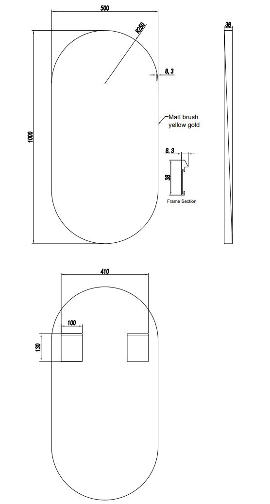 Matte Brushed Black Oval Framed Mirror - 500x1000mm