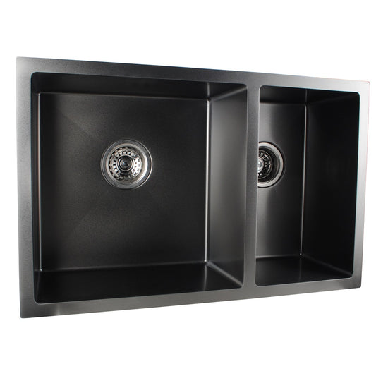 Round Corner Dark Grey Stainless Steel Handmade 1 and 1/2 Bowl Kitchen Sink 710*450*205mm