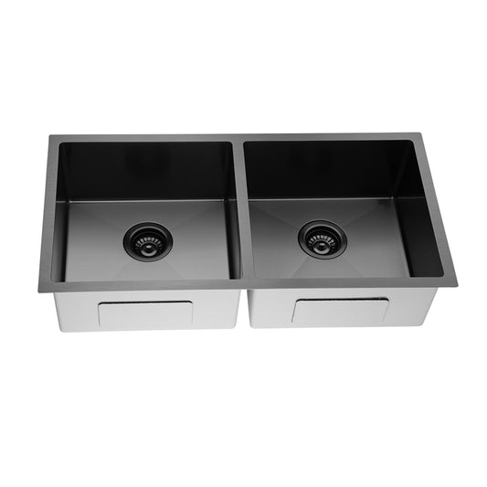 Round Corner Dark Grey Stainless Steel Handmade Double Bowl Kitchen Sink 865*440*200mm(with dark grey waste)