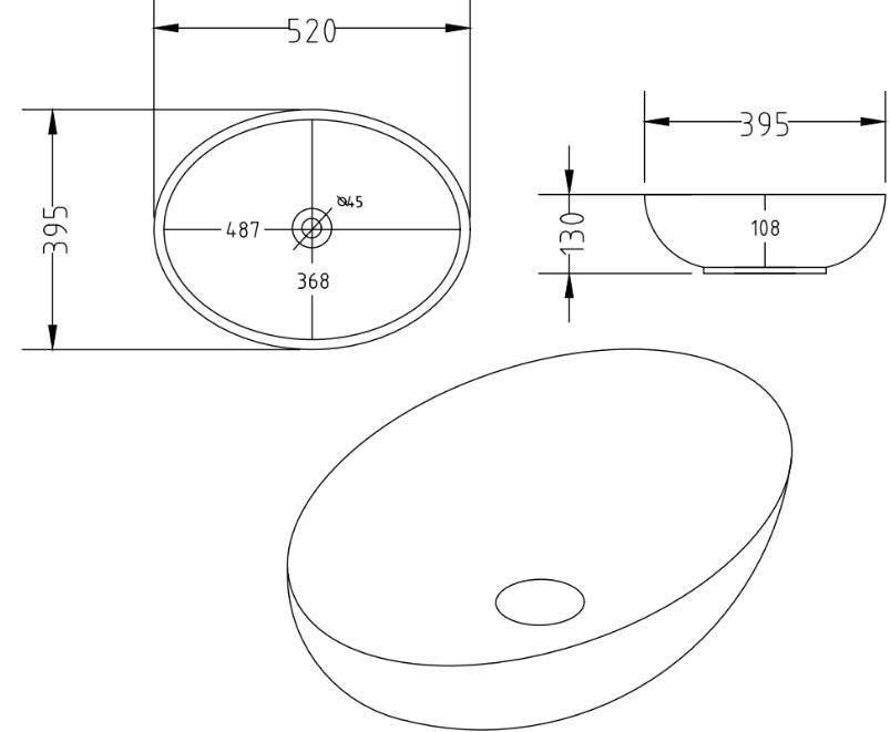 505mmx395mm Above Counter Basin - Gloss White