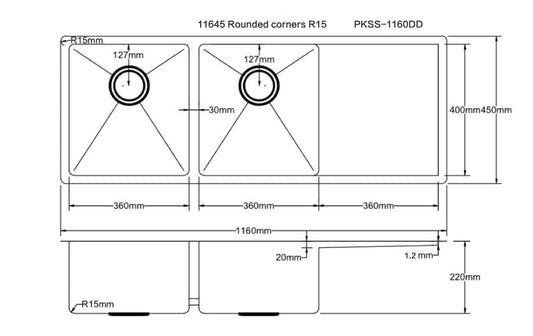 1160mm Stainless Steel Kitchen Sink with Drainer - Double Bowl - Brushed Gold