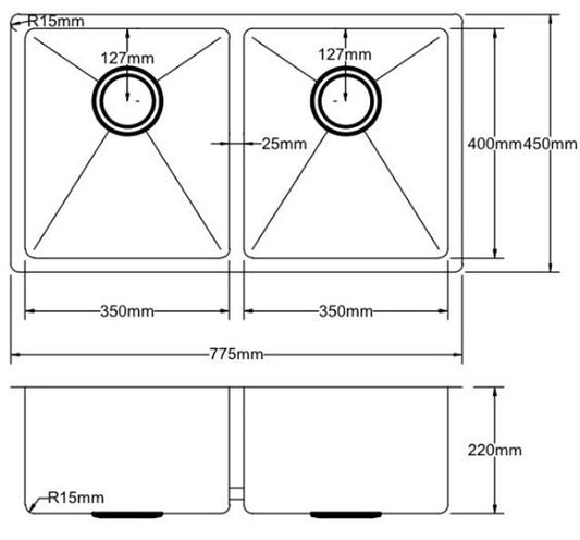 775mm Stainless Steel Kitchen Sink - Double Bowl - Brushed Nickel