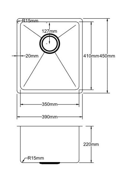 390mm Stainless Steel Kitchen Sink - Single Bowl - Brushed Nickel