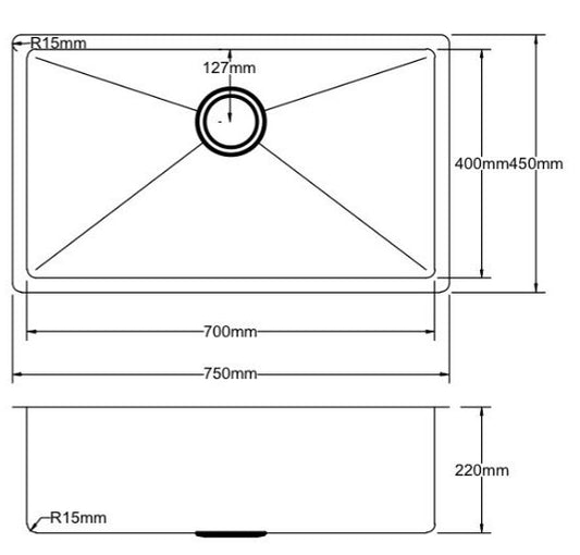 750mm Stainless Steel Kitchen Sink - Single Bowl - Brushed Nickel