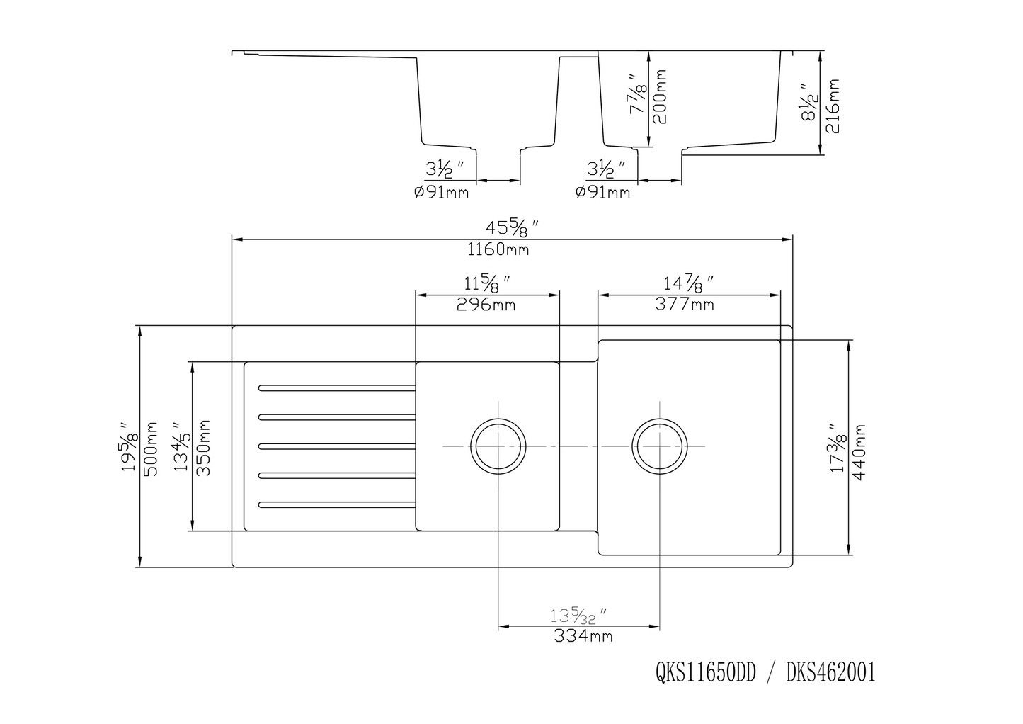 1160mm Quartz Top-Mount Kitchen Sink - Double Bowl with Drainer - Matte Black