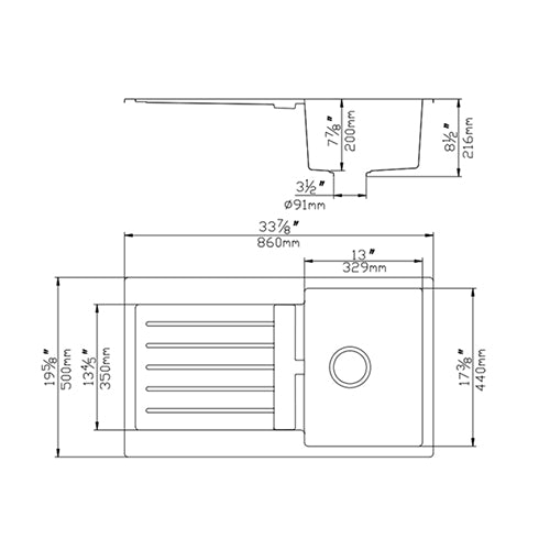 860mm Quartz Top-Mount Kitchen Sink - Single Bowl with Drainer - Matte Black
