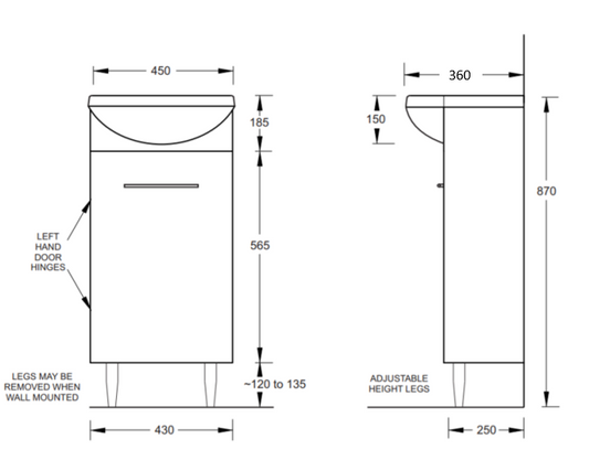 450mmx360mm Polar Mini Floor Vanity PVC - Cabinet Only - Left Hinge - Gloss White