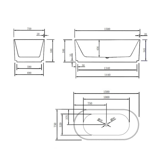 Bari Groove Fluted Oval Freestanding
Back to Wall Bathtub - Matt White - No Overflow - 1500mm | SB782-1500MW