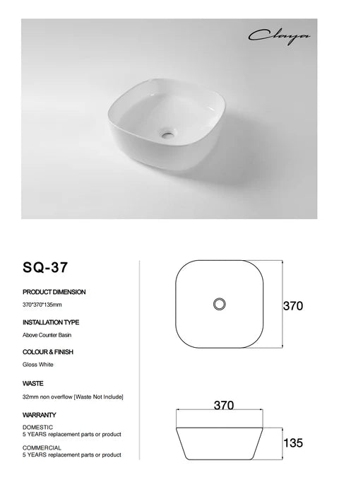 370*370*135mm Gloss White Above Counter Basin