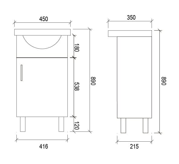 450mmx350mm PVC Floor Gloss White Slim Semi Recessed Vanity Ensuite