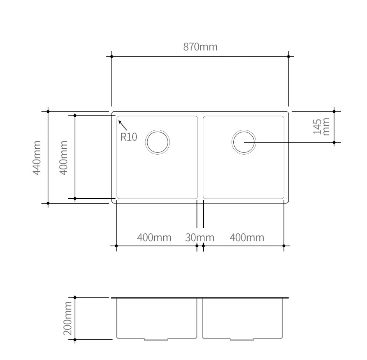 Quadra 870mm Double Bowl Sink - Brushed Stainless