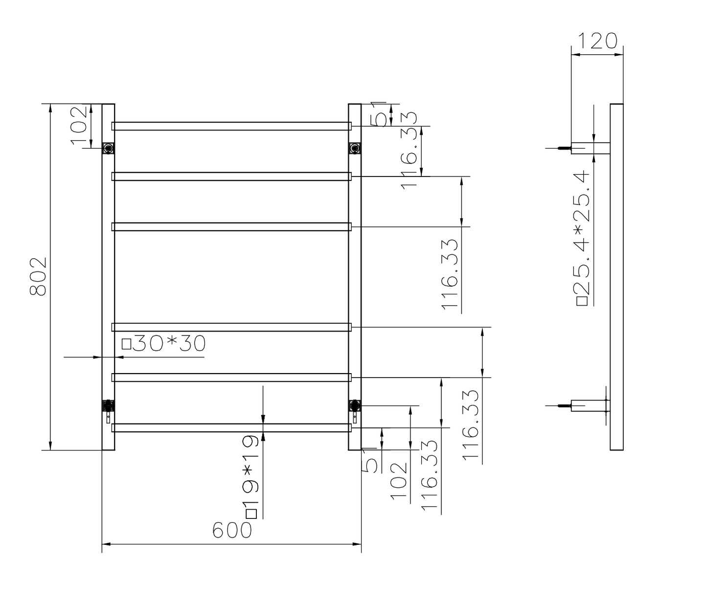 Spirit 6 Bar Heated Towel Rail - Brushed Nickel