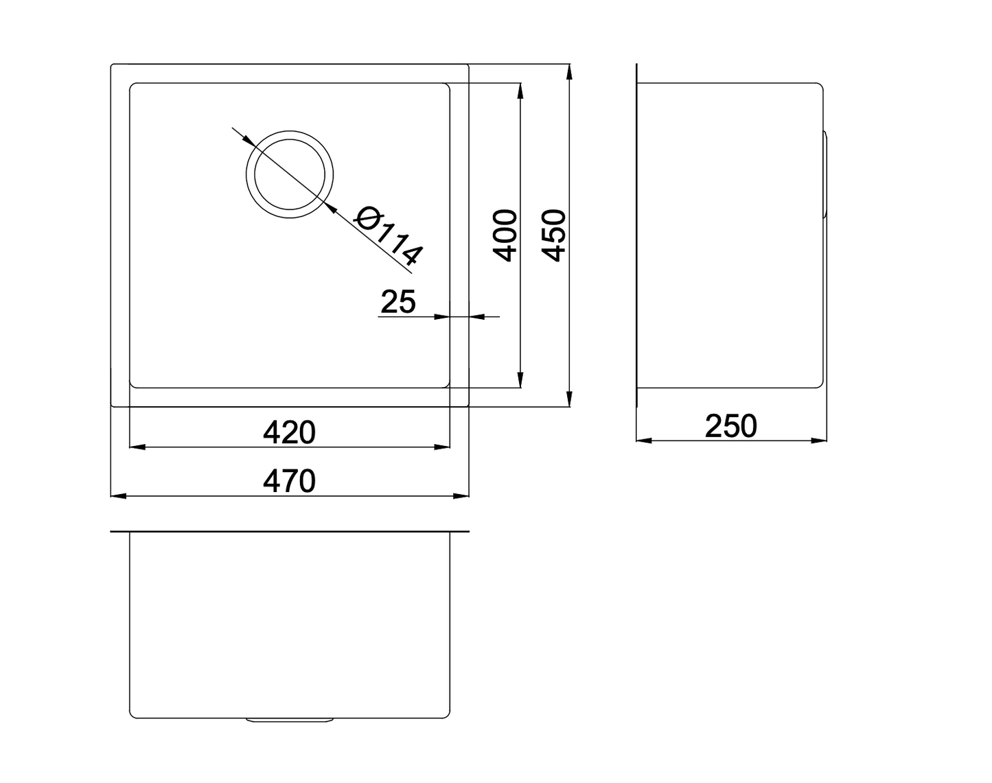 Quadra 470mm Single Bowl Sink - Brushed Stainless