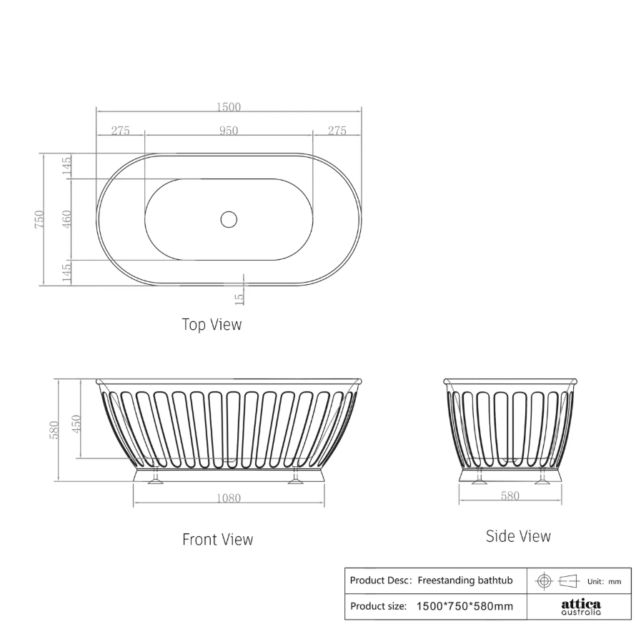 Attica Kensington 1500x750x580 Matte White Freestanding Bath with Overflow
