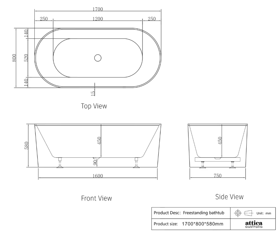 Attica Noosa 1700X800X580 Gloss White Back to Wall Multi-fit Bath with Overflow