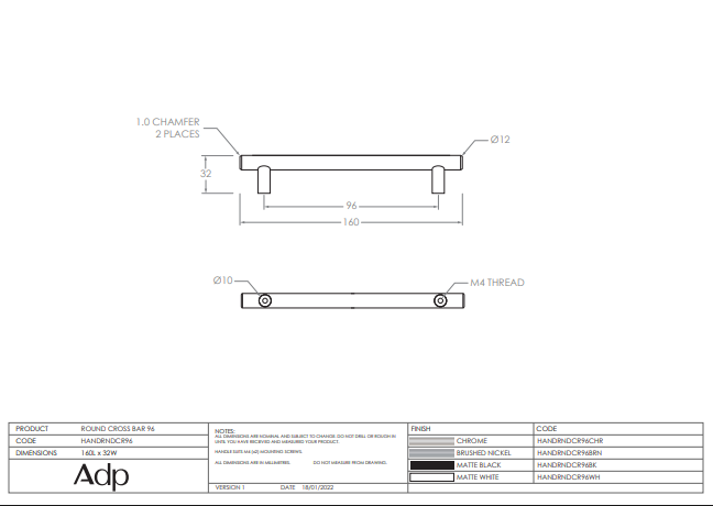 Rnd Cross Bar Handle 96 cc Matte Black