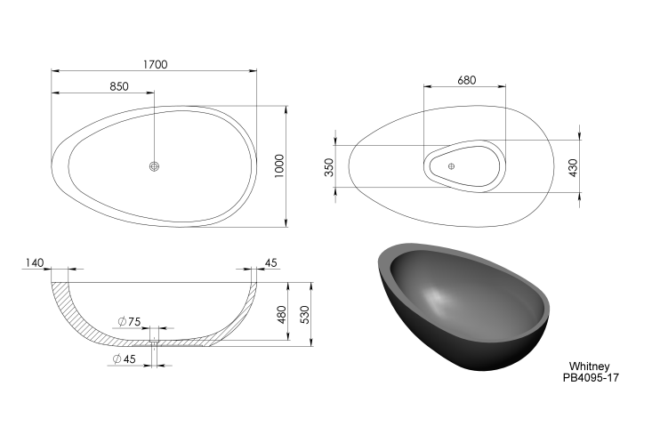1700mm Pietra Bianca - Whitney Freestanding Bathtub