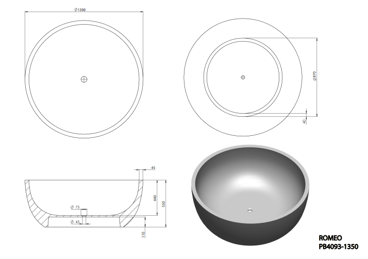 1500mm Romeo Freestanding Stone Bathtub -
1500 Dia x600 mm | PB4093 -15