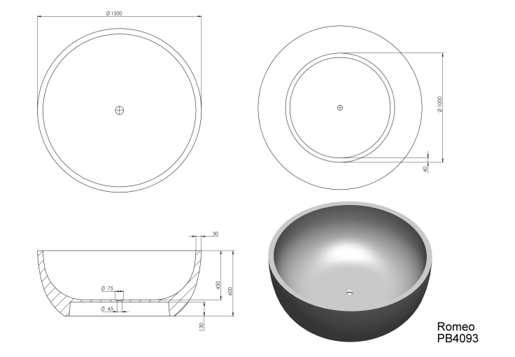 1350 Dia mm Pietra Bianca - Romeo Freestanding Bathtub