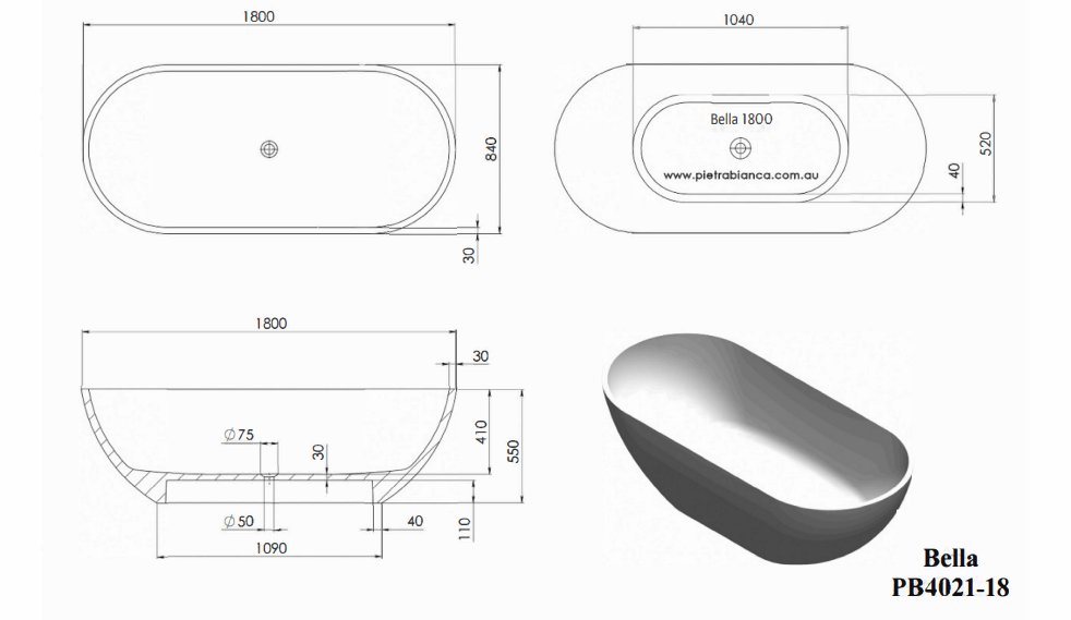 1800mm Pietra Bianca - Bella Freestanding Bathtub