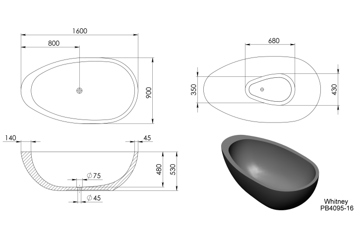 1600mm Pietra Bianca - Whitney Freestanding Bathtub