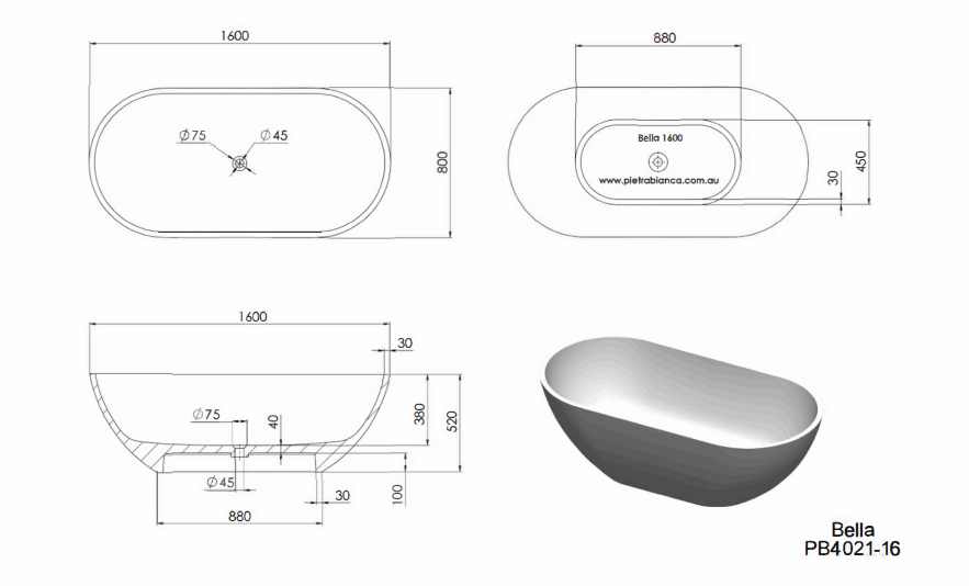 1600mm Pietra Bianca - Bella Freestanding Bathtub