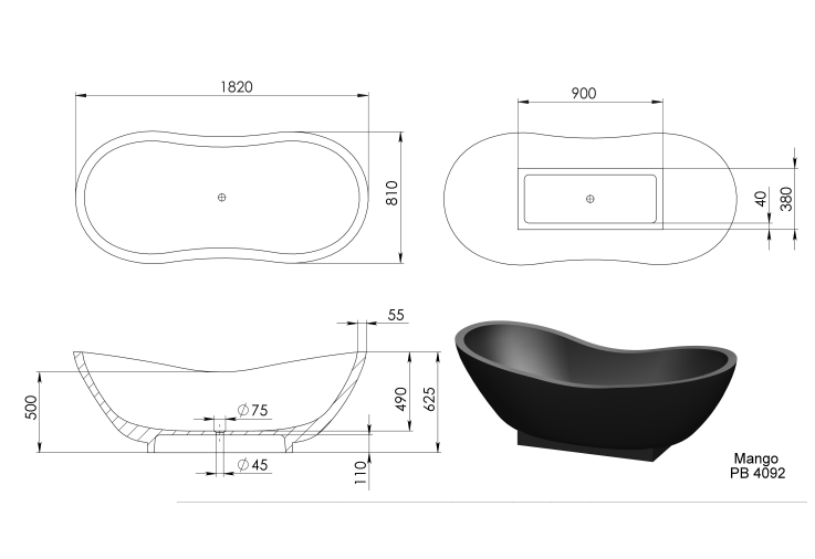 1800mm Pietra Bianca - Mango Freestanding Bathtub