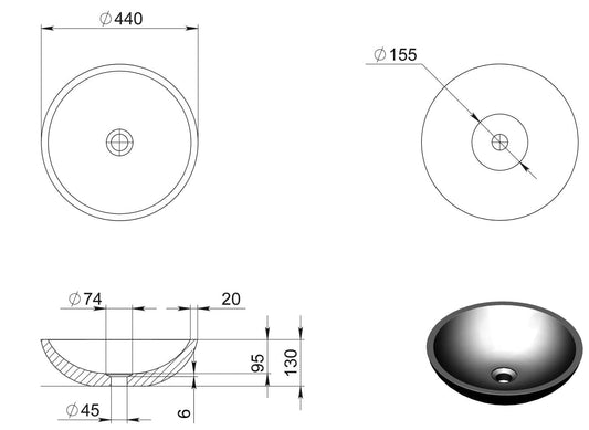 440mm Pietra Bianca - Surena Above Counter Basins
