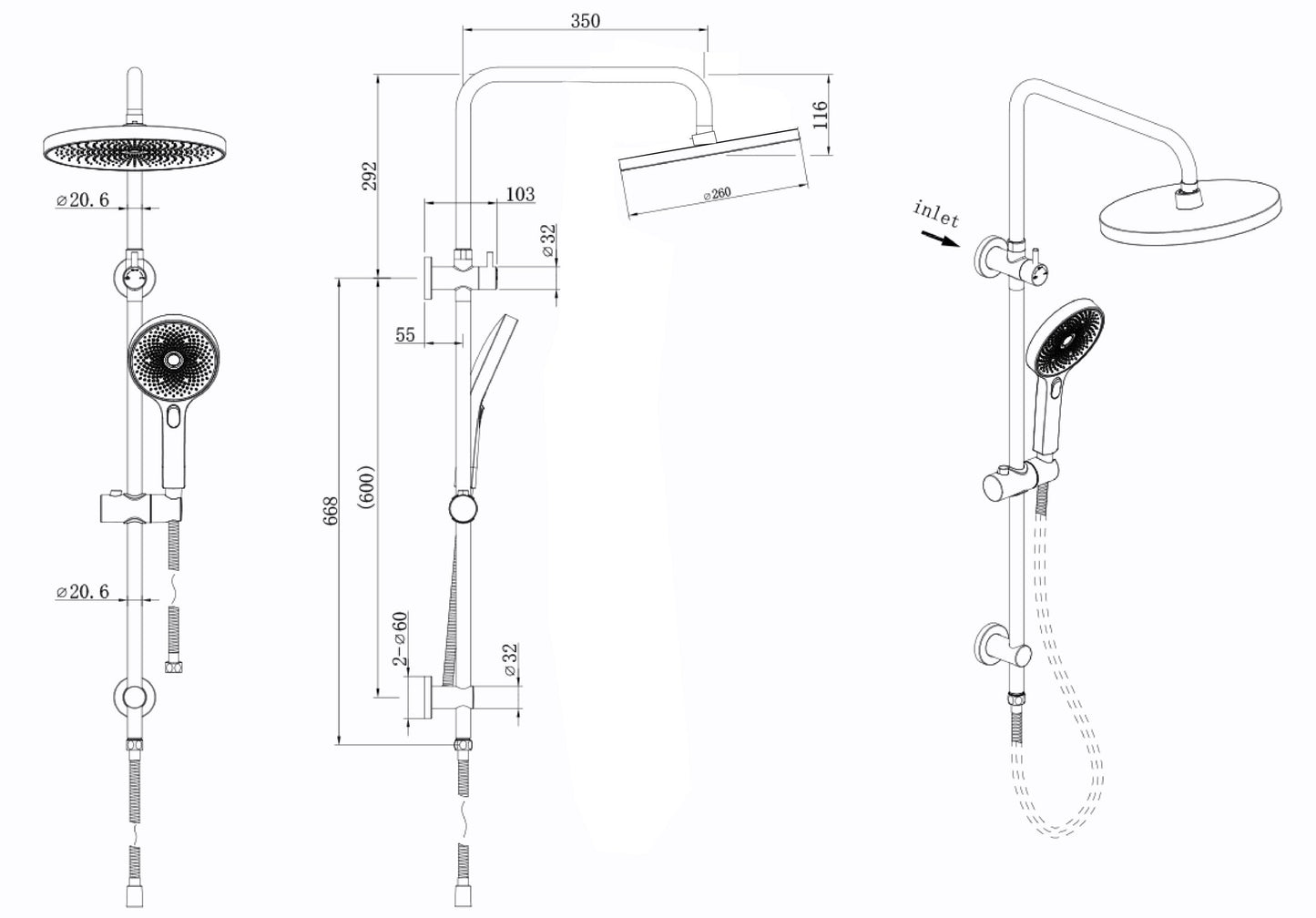 The Gabe Twin Shower With Rail - Brushed Gold