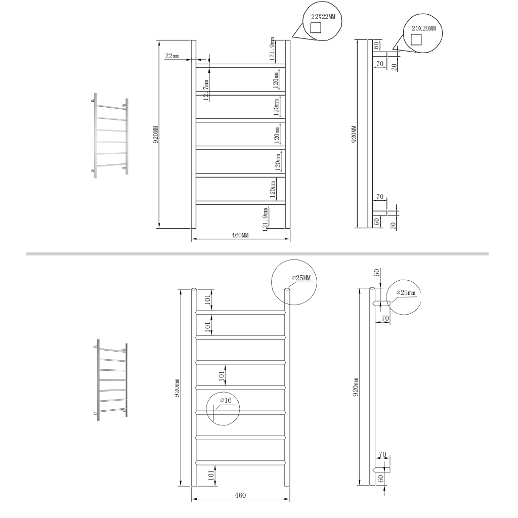 Square Towel Ladder 920x460mm Black