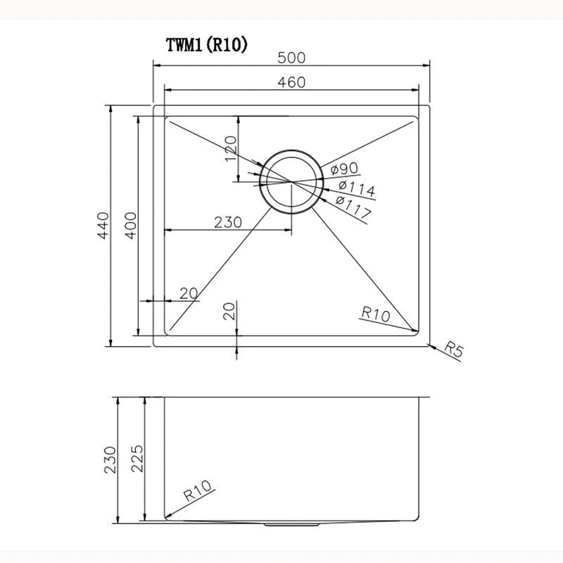 Round Corner Stainless Steel Copper PVD Coating Single Bowl Kitchen Sink(with Bottom Tray) 500*440*230mm