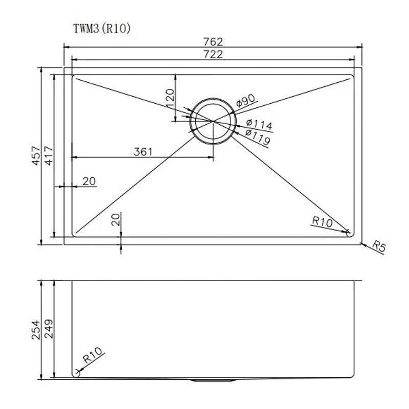Round Corner Stainless Steel Copper PVD Coating Single Bowl Kitchen Sink(with Bottom Grid) 762*457*254mm