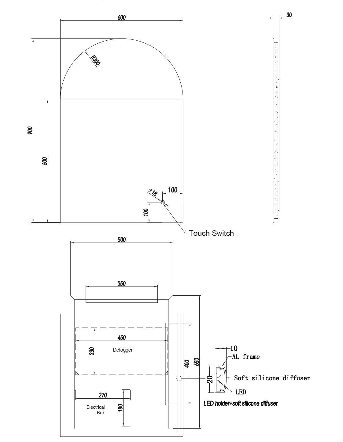 Uni-Arch Backlit LED Framless Mirror - 600x900mm