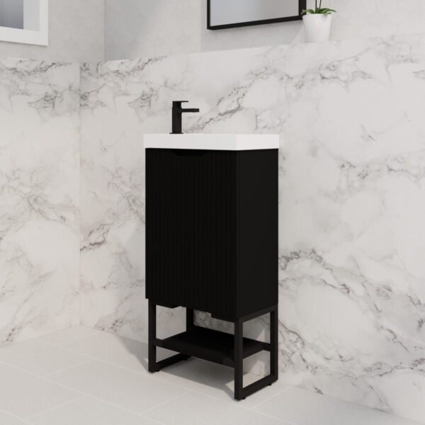 450mm * Matt Black *Fluted style *1 door *Freestanding * mini vanity * Poly Top Included