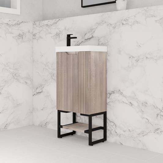 450mm * White oak *Fluted style *1 door *Freestanding * mini vanity * Poly Top Included