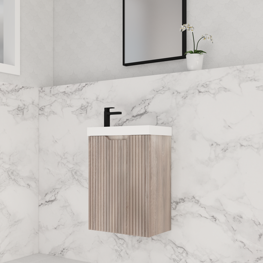 450mm * White oak *Fluted style *1 door *Wall Hung * mini vanity